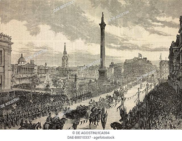 The royal procession in Trafalgar Square, The Queen Victoria's Golden Jubilee Thanksgiving Festival in London, United Kingdom