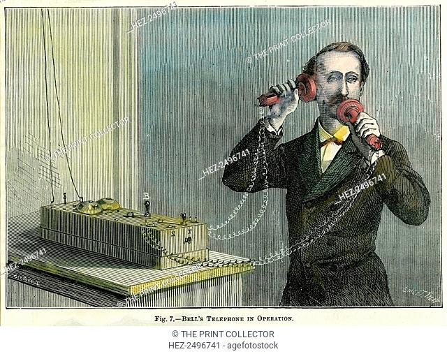 'Bell's telephone in operation', late 19th century. Scottish-born American inventor Bell (1847-1922) filed the patent for his telephone at the United States...