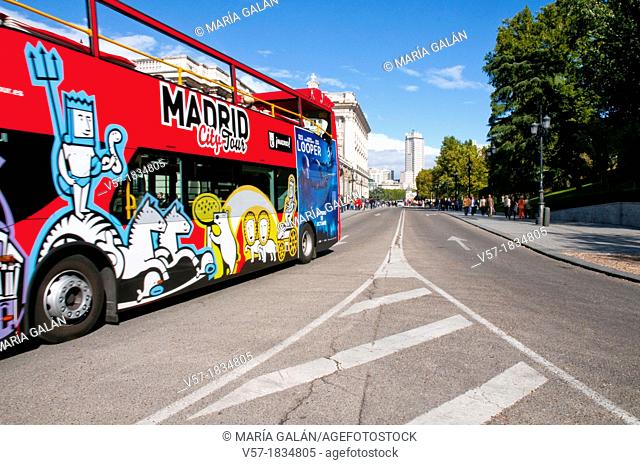 Tourist bus in Bailen street. Madrid, Spain