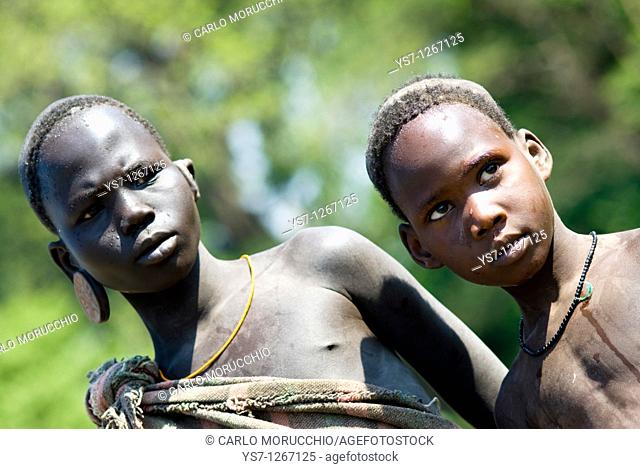 Young Mursi boys near Jinka, Omo region, Ethiopia
