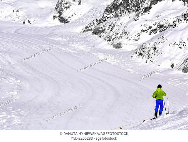skier admiring Aletsch glacier, Bernese Alps, Jungfrau-Aletsch-Bietschhorn region - UNESCO World Heritage Site, canton Valais, Switzerland