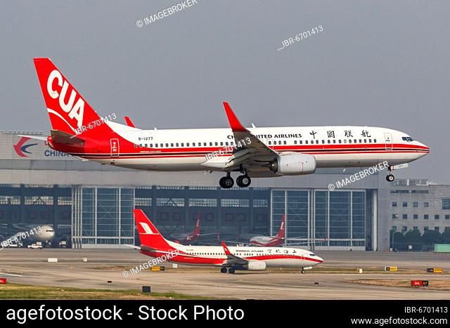 A China United Airlines CUA Boeing 737-800 aircraft with registration number B-1277 at Shanghai Airport, China, Asia