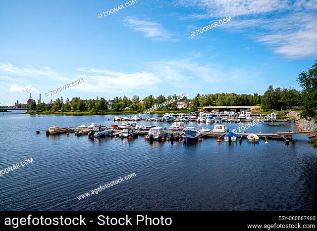 Oulu, Finland - 25 July, 2021:view of the harbor and sports marina in the city center of Oulu on the Baltic Sea