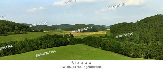 aerial view to hilly field and forest landscape near Welleringhausen, Germany, Hesse, Sauerland, Willingen-Upland