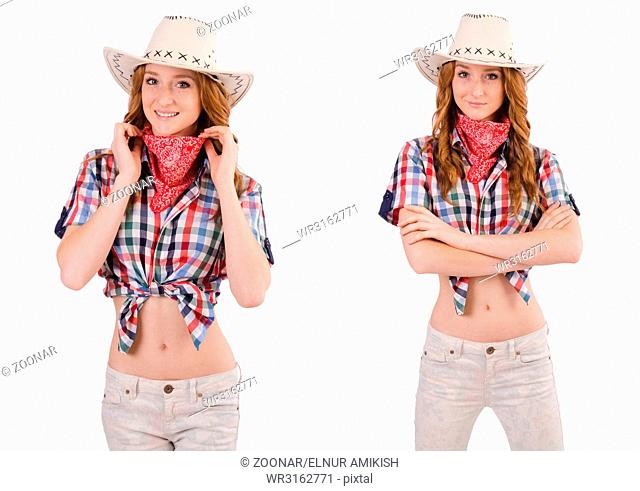 Redhead cowgirl isolated on white
