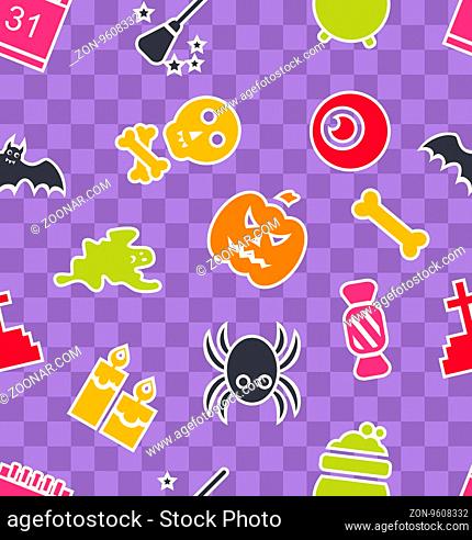 Illustration Seamless Abstract Pattern with Cartoon Colorful Halloween Symbols -