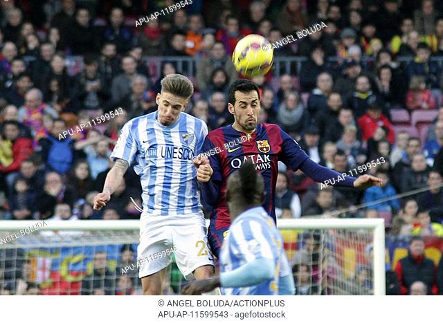 2015 La Liga Barcelona v Levante Feb 21st. 21.02.2015. Barcelona, Spain. La Liga. Barcelona versus Malaga. Busquets wins the headed ball