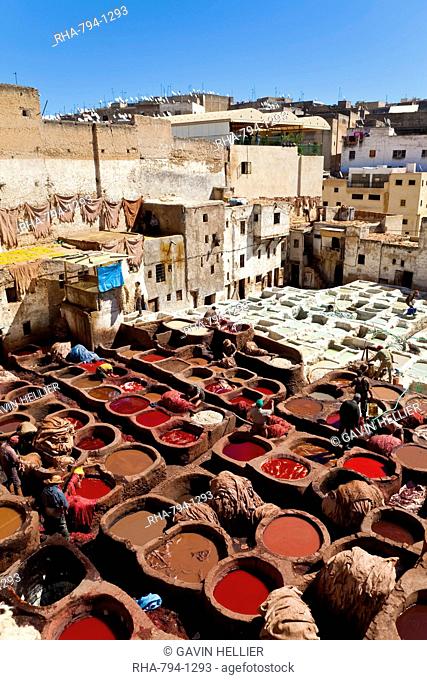 Chouwara traditional leather tannery in Old Fez, vats for tanning and dyeing leather hides and skins, Fez, Morocco, North Africa, Africa