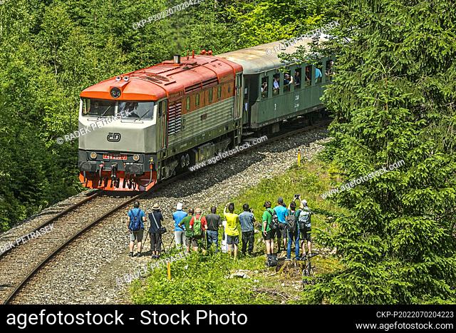 The diesel electric locomotive 749.250-7 leaves the Korenov station, as part of the celebration of 120 years of the Tanvald - Korenov cog railway and the...