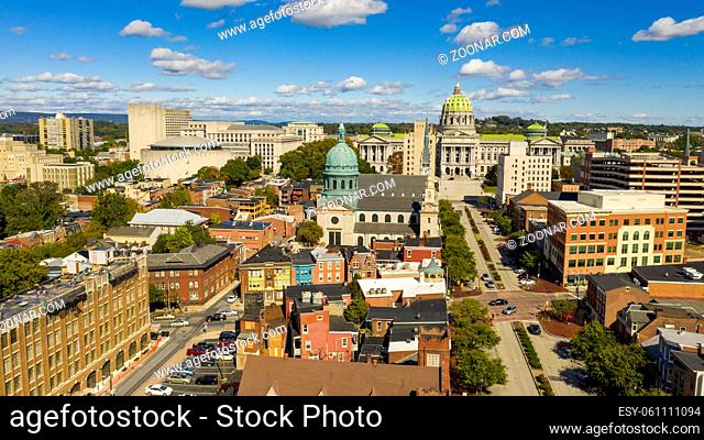 Early Morning light hits the buildings and downtown city center area in Pennsylvania state capital at Harrisburg