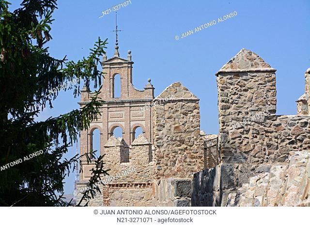 Espadaña (bell gable) del Carmen, top of the Provincial Historic Archive and part of the walls of Avila, Castilla-Leon, Spain, Europe