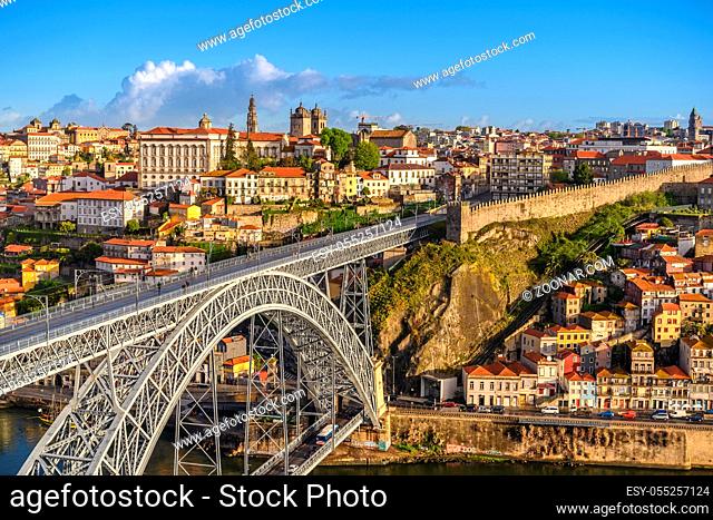 Porto Portugal city skyline at Porto Ribeira with Douro River and Dom Luis I Bridge