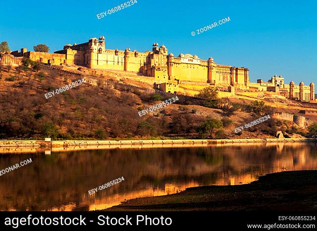 Amber fort and reflections on water in Jaipur, India