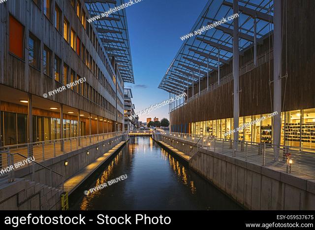 Oslo, Norway. Astrup Fearnley Museum of Modern Art, Residential Multi-storey Houses In Aker Brygge District In Summer Evening