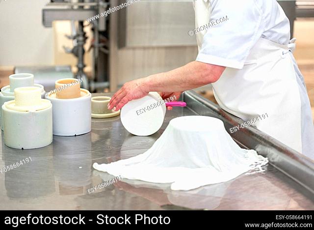 worker preparing cheese raw paste into moulds at cheese factory