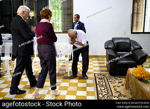15 February 2023, Cambodia, Phnom Penh: German President Frank-Walter Steinmeier and his wife Elke Büdenbender meet with survivor Cchum Mey after a tour of the...