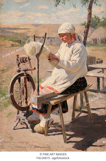 The spinner. Vinogradov, Sergei Arsenyevich (1869-1938). Oil on canvas. Realism. 1895. Russia. Genre. Painting