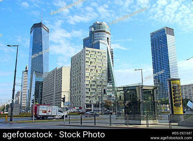 High glass skyscrapers in Warsaw. Modern architecture of city buildings. Business center with modern buildings in Warsaw. Skyscrapers in city