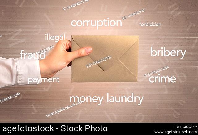 Female hand holding coloured and white envelope with beige background and words around