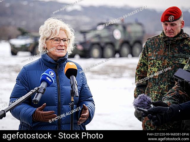 20 December 2022, Slovakia, Lest: Christine Lambrecht (l, SPD), Federal Minister of Defense, gives a press statement on the sidelines of her visit to German...