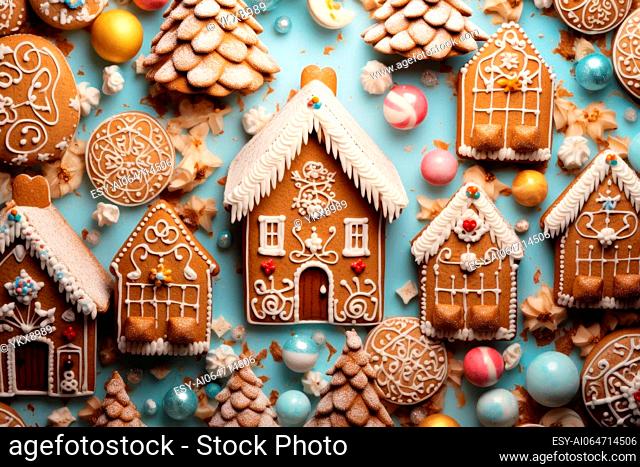 Whimsical gingerbread house flatlay with icing, candy, and gingerbread cookies