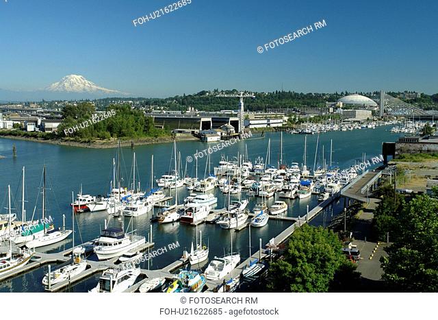 Tacoma, WA, Washington, Puget Sound, Thea Foss Waterway, marina, Mount Rainier