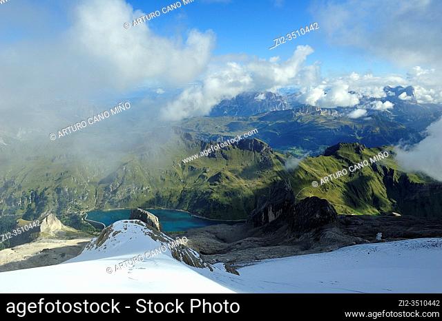 The view from Punta Rocca (3309 mts.), one of the summits of he Marmolada, the higest mountain of the Dolomites. They are a mountain range declared a UNESCO...