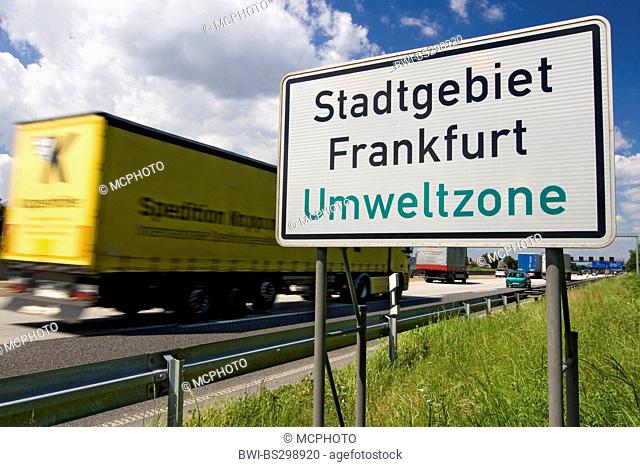 information sign at the motorway A5 pointing out the environmental zone at the Frankfurt city area, Germany, Hesse