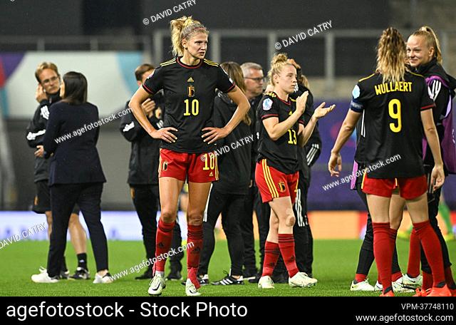 Belgium's Justine Vanhaevermaet looks dejected after losing a game between Belgium's national women's soccer team the Red Flames and Sweden, in Leigh