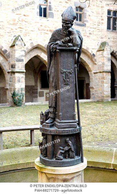 The sculpture of bishop Dietmar (Thietmar) of Merseburg (975-1018) can be seen in the courtyard of the cathedral in Merseburg, Germany, 9 February 2017