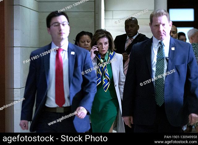 Speaker of the United States House of Representatives Nancy Pelosi (Democrat of California), center, walks to the CVC Auditorium at the United States Capitol in...