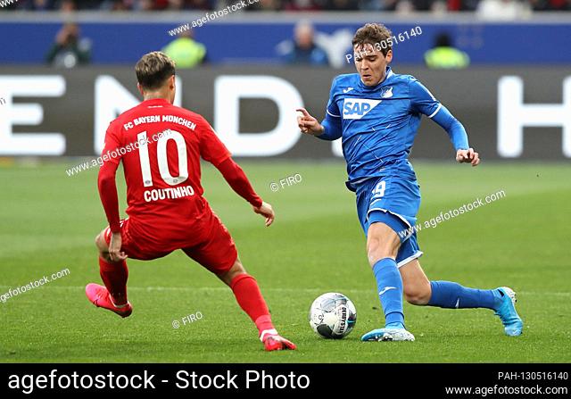 firo: 29.02.2020 Football, Soccer: 1. Bundesliga, season 2019/2020 TSG Hoffenheim - FC Bayern Munich Muenchen 0: 6 TSG Robert Skov, duels, duel