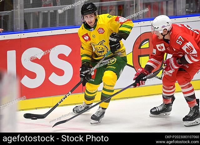Hockey Champions League: HC Dynamo Pardubice - Ilves Tampere in Pardubice, Czech Republic, August 31, 2023. From left: Arttu Pelli from Tampere and Matej...