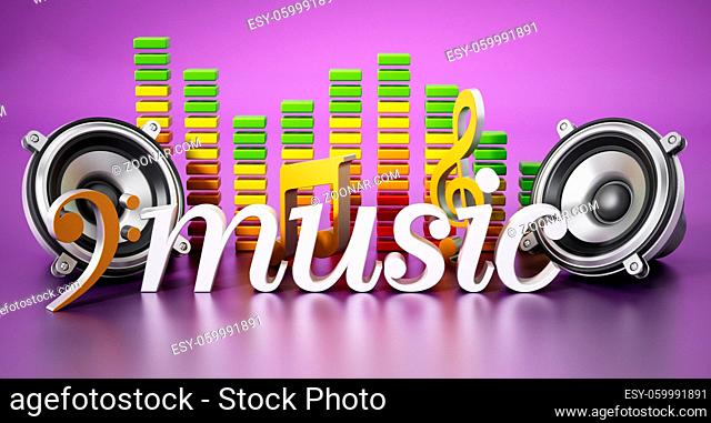 Music text speakers music notes and equalizer. 3D illustration