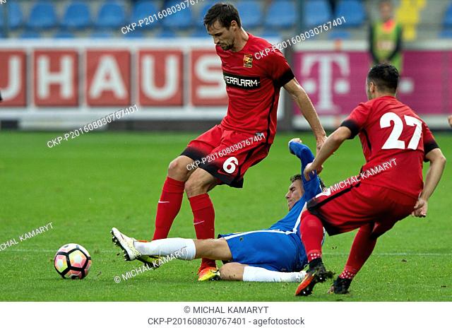 From left: Markus Lackner of Admira, Zdenek Folprech of Liberec and Eldis Bajrami of Admira in action during the Football Europa League 3rd qualifying round's...