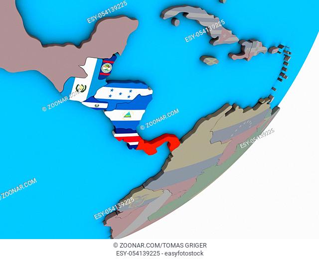 Central America with national flags on blue political 3D globe. 3D illustration