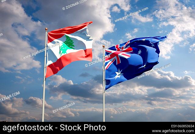 Beautiful national state flags of Lebanon and Australia together at the sky background. 3D artwork concept