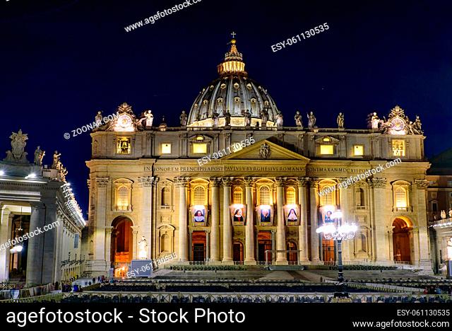 Night view of St. Peter's Basilica in Vatican City, the largest church in the world