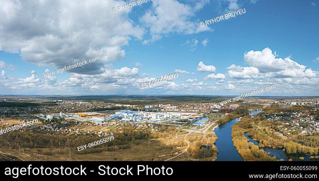 Aerial View Of Modern Paper Factory In Sunny Spring Day. Bird's-eye View Of Dobrush Cityscape. Dobrush, Gomel Region, Belarus