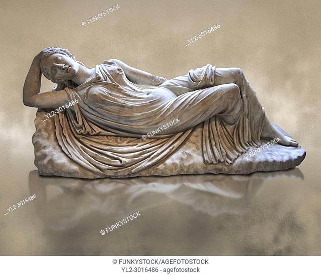 Ariadne sleeping a 2nd century AD Marble Roman statue from Italy. The girl is lying asleep on a rock and is a variation of the famous Sleeping Ariadne of the...