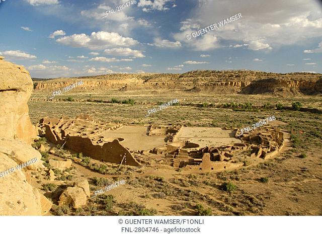 Ruins on landscape, Pueblo Bonito, Chaco Canyon, Chaco Culture National Historic Park, New Mexico, USA