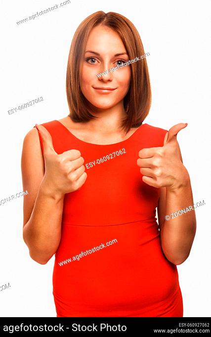girl woman young positive sign thumbs yes in red dress isolated emotions