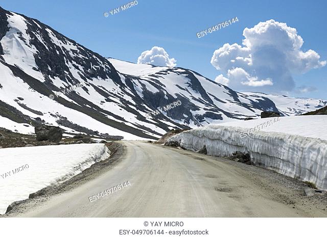 snow in summer on the gamle strynefjellsvegen one of the most beautifull auto roads in norway with snow in summer