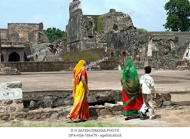 women with boy in Royal Palace in Mandu at Madhya pradesh India Asia