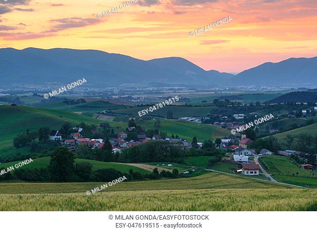 Village amongst fields and pastures in Turiec region in central Slovakia.