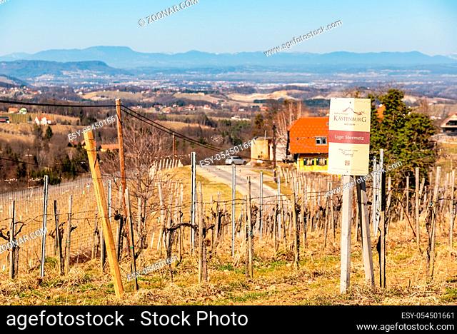 Austria - Kastenburg. Vineyards Sulztal, Leibnitz area south Styria wine street, wine country. March before season