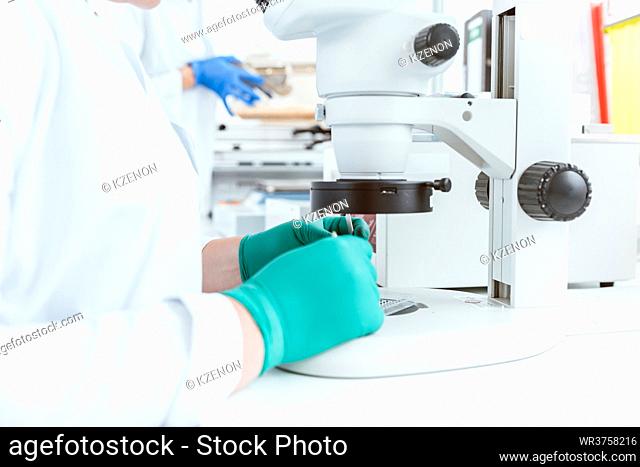 Closeup of scientist using microscope for experiment in laboratory