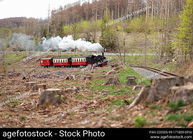 05 May 2022, Saxony-Anhalt, Elend: A special train of the Harzer Schmalspurbahn GmbH is pulled by the 99 5906 Mallet locomotive
