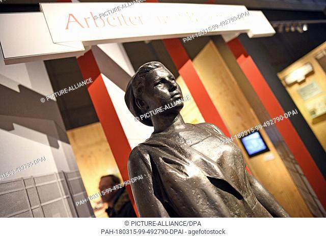 15 March 2018, Germany, Bonn: The bronce sculpture ""Traktoristin"" ('tractor driver') by Walter Arnold photographed during a preview of the exhibition ""German...