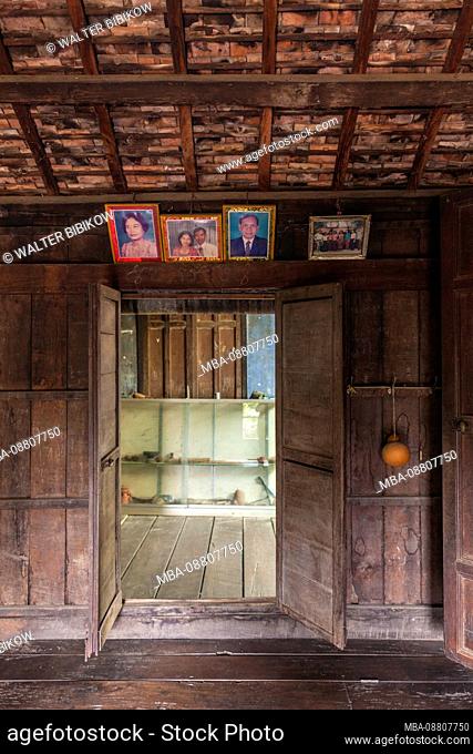 Cambodia, Battambang, Wat Kor Village, Khor Sang House, interior of traditional Khmer wooden house built in 1907